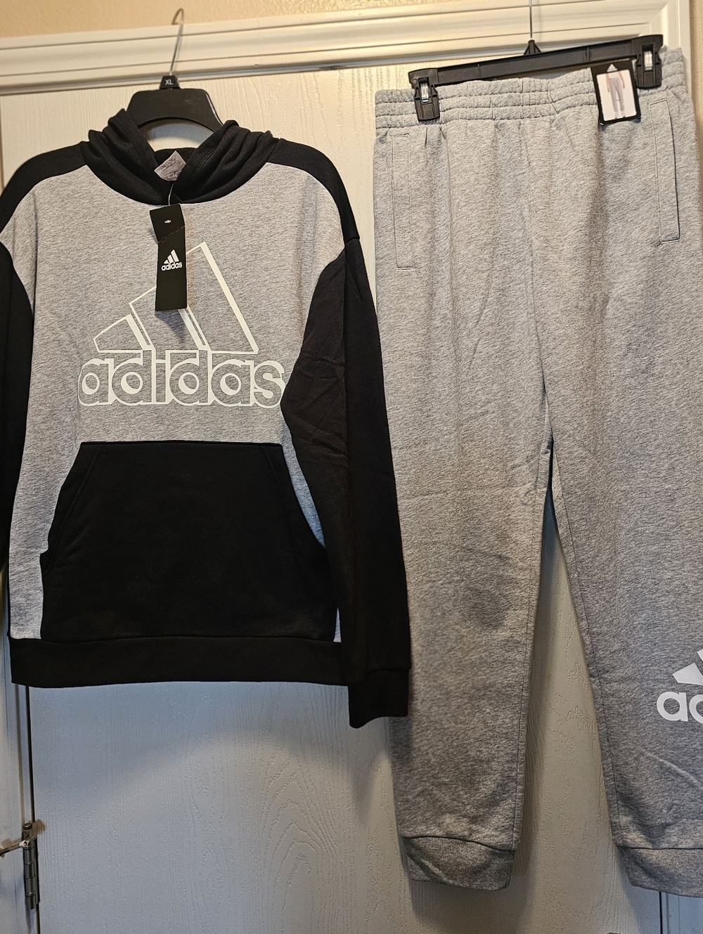 Adidas Boys Fleece Hoodie & Jogger Sweatpants Set Logo Black Grey XL 18-20 New